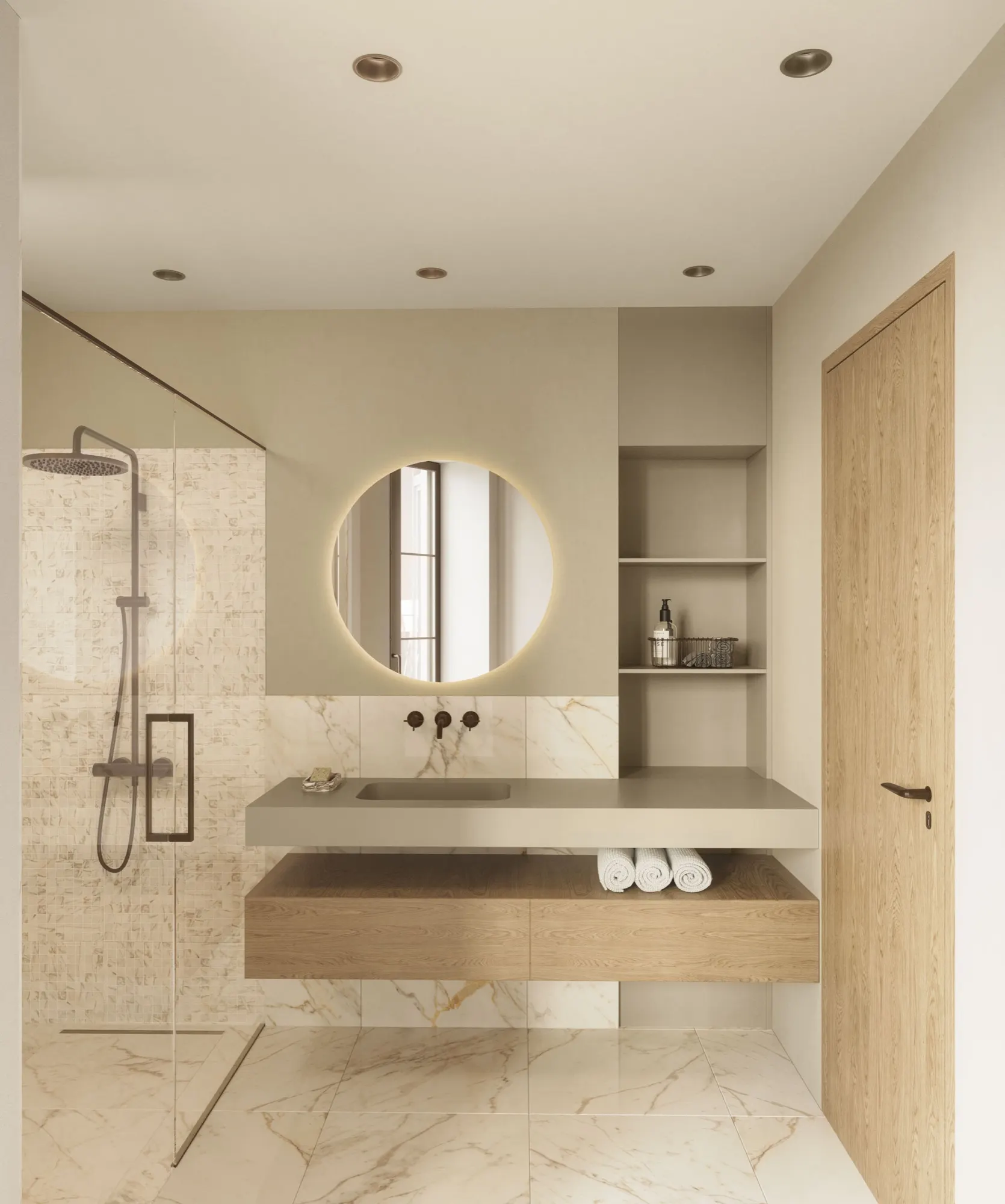 Badezimmer mit Feinsteinzeug und Bronze